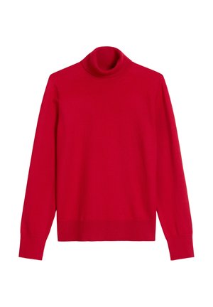 Roter Rollkragenpullover aus einem glatten Strickstoff. Verfügt über lange Ärmel sowie einen gerippten Saum und Kragen.