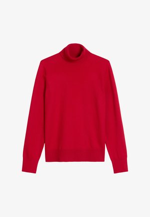 Pullover rouge à col roulé en tissu tricoté lisse. Il a de longues manches et un ourlet et un col côtelés.