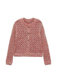 Rode gebreide cardigan met een kantpatroon, voorzien van lange mouwen, een ronde halslijn en een sluiting met knopen aan de voorkant. Gelaagd, lichtgewicht materiaal.