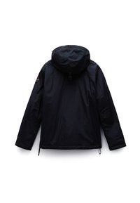 Black waterproof jacket featuring a hood, long sleeves, and adjustable drawstrings at the hem. Smooth texture with a logo on the shoulder.