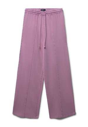 Pantaloni a gamba larga di un delicato colore viola, con cintura elastica, cordoncino regolabile e due cuciture verticali per maggior dettaglio. Tessuto morbido al tatto.