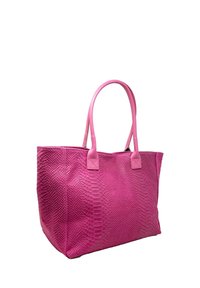 Borsa tote in finta pelle pitonata rosa con due tracolle. Superficie texturizzata, forma rettangolare e dettagli quadrati sulle tracolle.