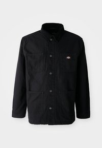 Black button-up jacket with four front pockets, corduroy collar, and small brand logo patch on upper right chest pocket.