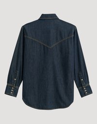 Σκούρο μπλε denim πουκάμισο με μακριά μανίκια, με ραφές αιχμηρής στρογγυλάδας και κουμπωτά μανίκια, εμφανιζόμενο από πίσω σε απλό φόντο.