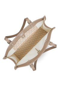 Sac à main structuré beige avec deux anses, extérieur en cuir lisse, et doublure à motifs affichant des designs géométriques. Poche zippée interne incluse.