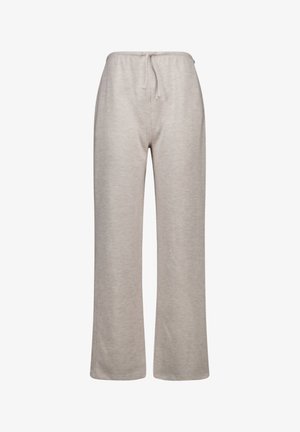 Light gray, wide-leg sweatpants made from soft fabric. Features an elastic waistband with drawstring and straight-cut legs.