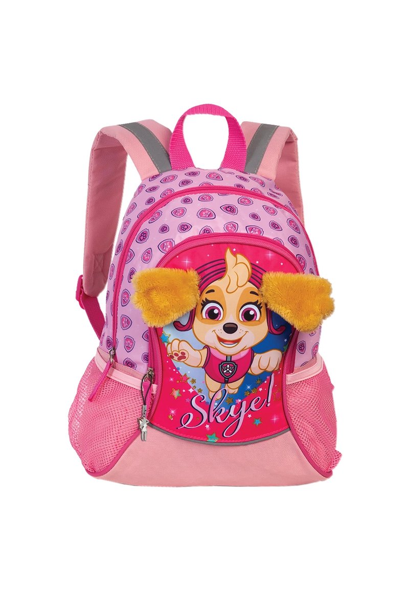 Roze kinder rugzak met een ronde vorm, met een zak met een bedrukte cartoon hond, gele pluizige oren en grijze banden.