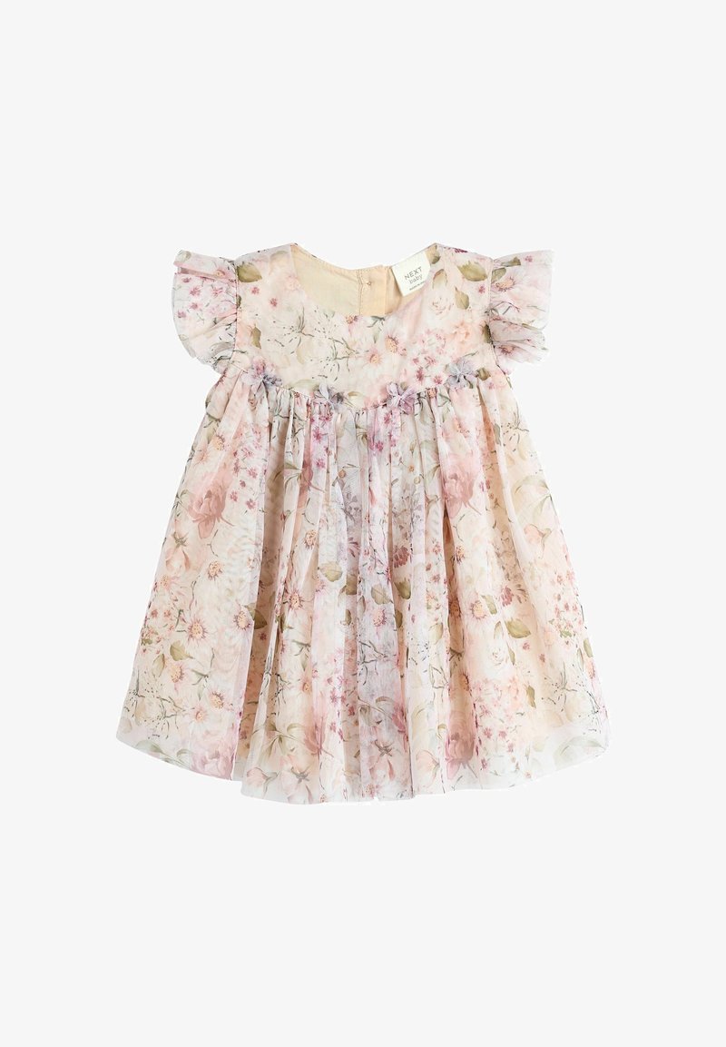 Robe fleurie avec manches courtes à volants. Tissu doux et léger orné de motifs floraux roses et crème, avec une taille froncée et une jupe fluide.