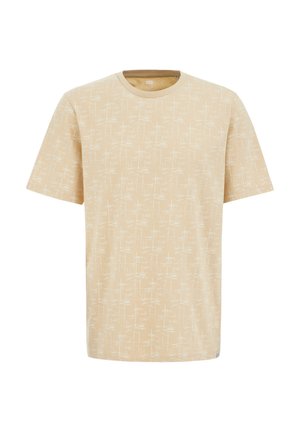 Beige t-shirt with a textured white pattern of intersecting lines. Features a round neck and short sleeves, made of soft cotton fabric.