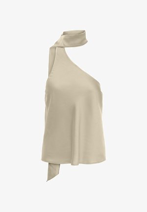 Haut beige sans manches avec encolure asymétrique et détail d'écharpe attaché autour du cou, en tissu lisse.