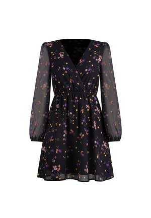 Vestido negro con flores de mangas largas transparentes, escote en forma de v y cintura elástica, con pequeños patrones florales multicolores por todo el vestido.