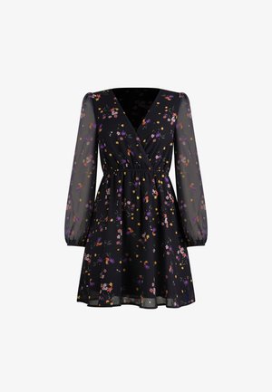 Vestido negro con flores de mangas largas transparentes, escote en forma de v y cintura elástica, con pequeños patrones florales multicolores por todo el vestido.