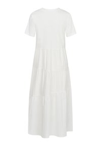 Weißes Baumwoll-T-Shirt-Kleid mit kurzen Ärmeln, gestuftem Design, Rundhalsausschnitt und fließender Silhouette, mit glatter Textur und ohne sichtbare Muster.