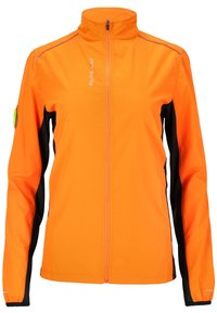 Veste coupe-vent orange avec panneaux latéraux noirs, col montant, fermeture éclair intégrale à l'avant et accents réfléchissants le long des épaules et de la fermeture éclair.