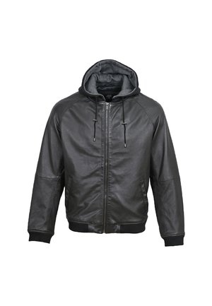 Schwarze Lederjacke mit grauem Kapuzenaufsatz, vorderem Reißverschluss, gerippten Bündchen und Saum. Verfügt über zwei Seitentaschen und eine glatte Textur.