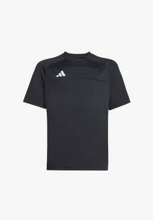 Camiseta deportiva negra de manga corta, con un panel superior texturizado, cuello redondo y un pequeño logo blanco en la parte izquierda del pecho.