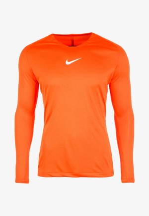 Long-sleeve athletic shirt in bright orange fabric. Features a crew neckline and a white Nike swoosh logo on the chest. Smooth texture.
