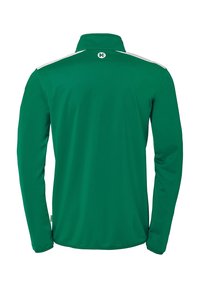 Langærmet grøn skjorte med høj krave, med hvide skulderdetaljer og et logo ved halsen. Glat tekstur, atletisk pasform.