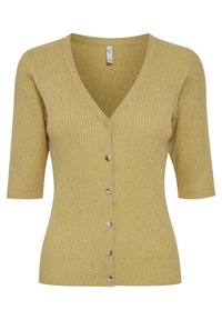 Ribbede sennepsgule cardigan med korte ærmer, V-udskæring og seks sølvfarvede knapper langs fronten. Blød tekstur, tætsiddende design.