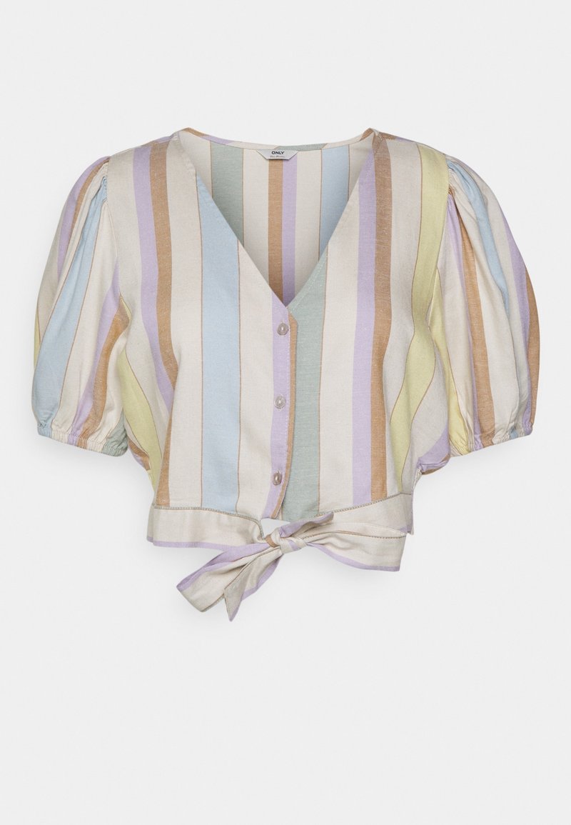 Blouse courte rayée aux couleurs pastel incluant lavande, vert et beige. Présente un décolleté en V profond et un détail de nouage à l'avant. Manches bouffantes.