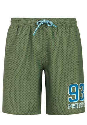 Groene meshshorts met elastische tailleband en blauw-wit trekkoord, met blauwe "93 PROTEST"-opdruk op het linkerbeen.