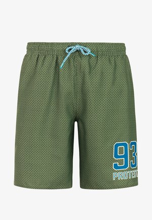 Groene meshshorts met elastische tailleband en blauw-wit trekkoord, met blauwe "93 PROTEST"-opdruk op het linkerbeen.