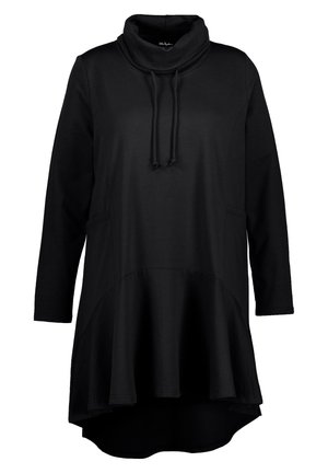 Black long-sleeve tunic with a cowl neck, drawstring detail, side pockets, and a flared bottom hem, crafted from a soft, stretchy fabric.