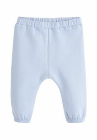 Gaiši zili, elastīgi bikses ar savilktām biksēm, izgatavotas no mīksta auduma un ar brīvu piegriezumu komfortam. Nav redzamu rakstu vai aparatūras.