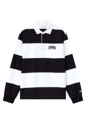 Czarna i biała paskowana koszulka polo z długim rękawem i kołnierzykiem, z małym logo "CHAMPION" na lewej piersi oraz ściągaczami na mankietach.