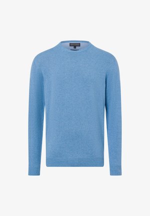 Blauwe, langwerpige trui van zacht, textuurstof. Kenmerkt zich door een ronde halslijn en geribde mouwen en zoom. Geen patronen of accenten.