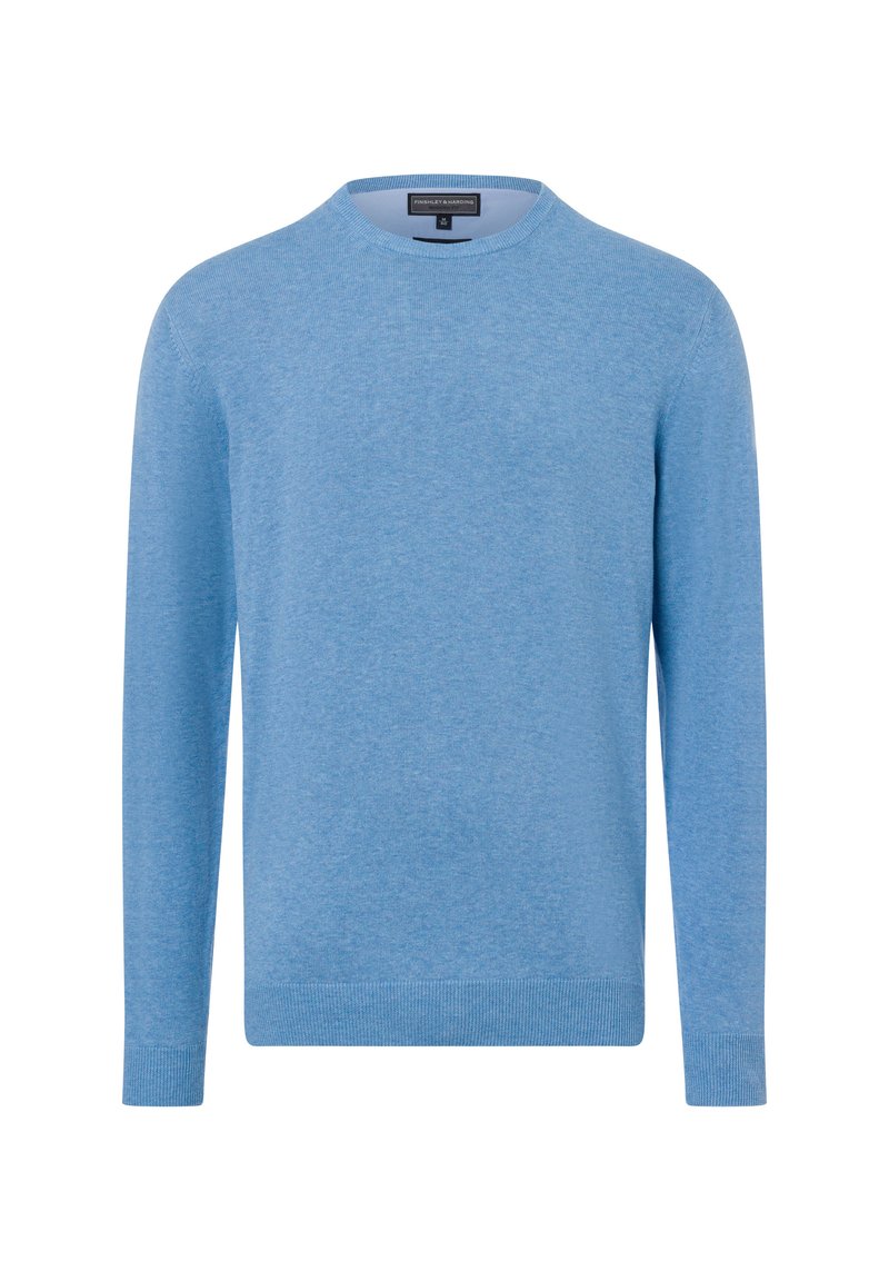 Blauer, langärmeliger Pullover aus weichem, strukturiertem Stoff. Mit einem runden Ausschnitt und gerippten Bündchen und Saum. Keine Muster oder Akzente.