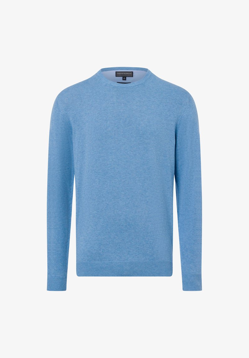Blauer, langärmeliger Pullover aus weichem, strukturiertem Stoff. Mit einem runden Ausschnitt und gerippten Bündchen und Saum. Keine Muster oder Akzente.