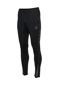 Schwarze Sporthosen mit elastischem Bund, seitlichen Taschen und reflektierenden Chevron-Details an den Seiten. Hergestellt aus einem dehnbaren Stoff.