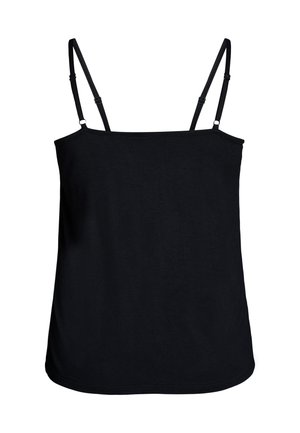 Top camisole nero senza maniche con sottili spalline regolabili e scollo dritto su sfondo bianco.