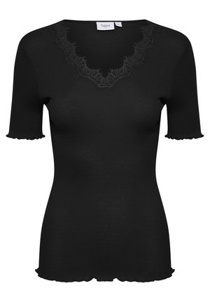 Black ribbed short-sleeve top featuring a scalloped neckline and hem, made from stretchy fabric with textured detailing on the collar.