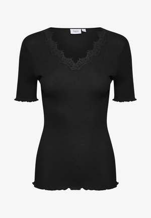 Black ribbed short-sleeve top featuring a scalloped neckline and hem, made from stretchy fabric with textured detailing on the collar.