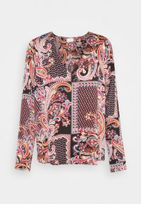 Langärmlige Bluse mit schwarzem Grund und mehrfarbigen Paisley- und geometrischen Mustern, aus weichem Stoff und mit V-Ausschnitt.