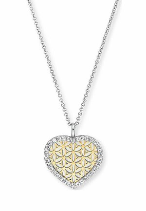 Silberne Halskette mit einem herzförmigen Anhänger, der ein Muster aus gelben Blütenblättern und einen Rand aus klaren Kristallen aufweist.