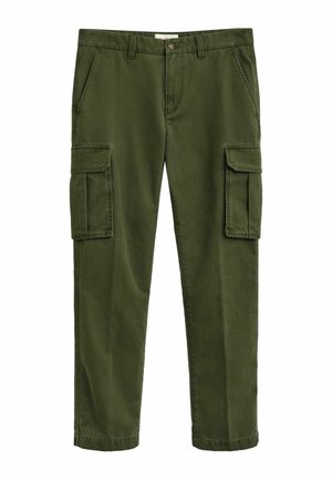 Pantalons cargo en coton vert avec deux poches latérales et deux poches cargo supplémentaires, à coupe droite et avec des poignet à la cheville.