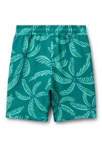 Pantaloni corti turchesi con motivo a foglia in verde chiaro. Vita elastica, tessuto morbido e design di lunghezza media adatto per un abbigliamento casual.