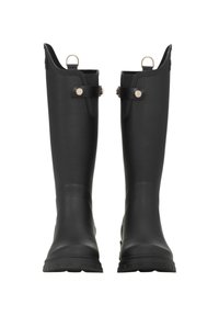 Czarne gumowe kalosze sięgające do kolan, o gładkim wykończeniu, z okrągłym noskiem i dwoma dekoracyjnymi paskami z guzikami w złotym odcieniu po bokach.