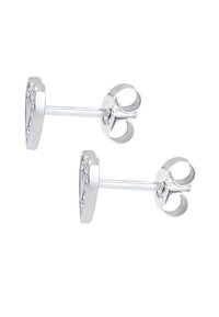 Silver stud earrings in a heart shape with a smooth finish, featuring small clear stones along the edge. Standard post back design.