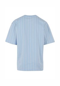 Ljusblå kortärmad t-shirt med vita vertikala ränder, tillverkad av bomull. Har rundad hals och en avslappnad passform. Visat bakifrån.