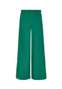 Groene wijd-uitlopende broek van gestructureerde stof met een elastische tailleband, met een losse pasvorm en een gekreukeld oppervlak voor extra detail.
