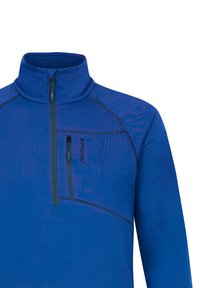 Modrá mikina s polovičným zipsom na golieri, ktorá má vrecko na hrudi, kontrastné šitie a textúrovaný povrch látky.