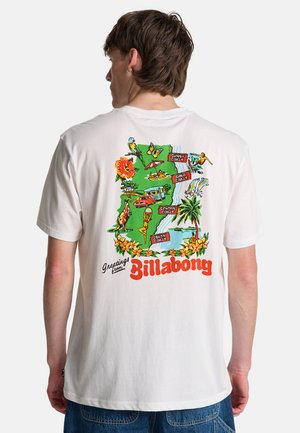 Wit katoenen T-shirt met een kleurrijke grafische print op de achterkant, met kustlandschappen, bloemen en de tekst "Greetings from Billabong."