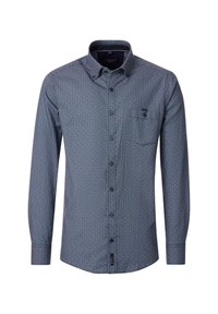 Langärmeliges Hemd in Marineblau mit geometrischem Muster, Hemdblusenkragen, Brusttasche und dezentem Logo auf der Brust.
