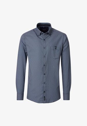 Langärmeliges Hemd in Marineblau mit geometrischem Muster, Hemdblusenkragen, Brusttasche und dezentem Logo auf der Brust.