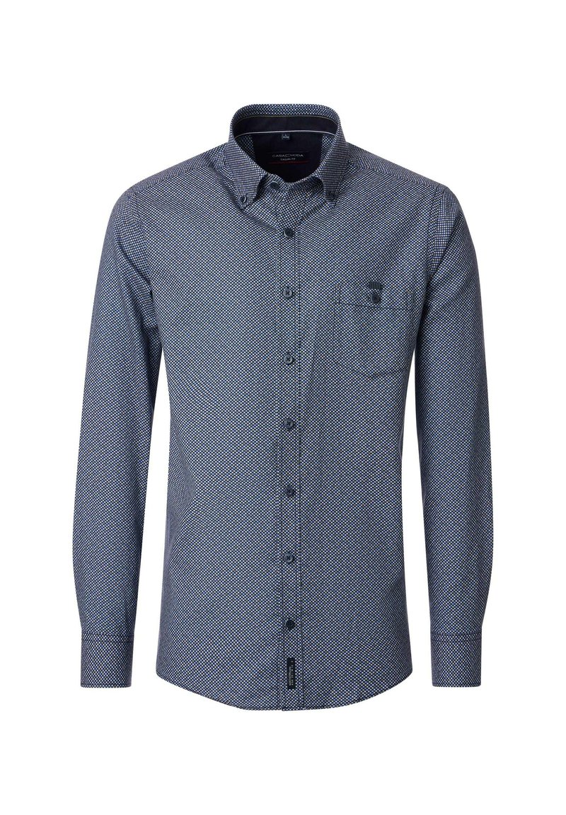 Langärmeliges Hemd in Marineblau mit geometrischem Muster, Hemdblusenkragen, Brusttasche und dezentem Logo auf der Brust.