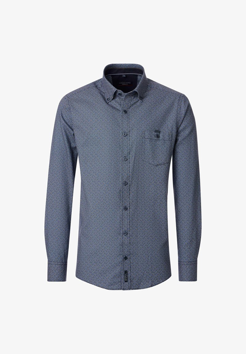 Langärmeliges Hemd in Marineblau mit geometrischem Muster, Hemdblusenkragen, Brusttasche und dezentem Logo auf der Brust.
